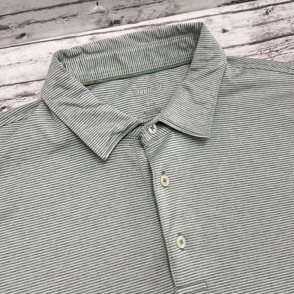 Johnnie O Golf Polo Men's XL Green White Striped Performance CC Logo on Sleeve